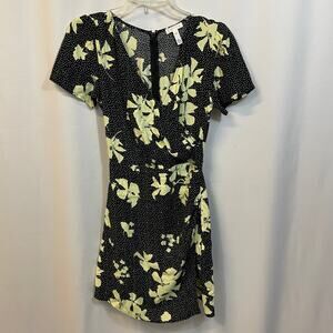 Leith Black Faux Wrap Short Sleeve Neon Floral Details Dress XXS